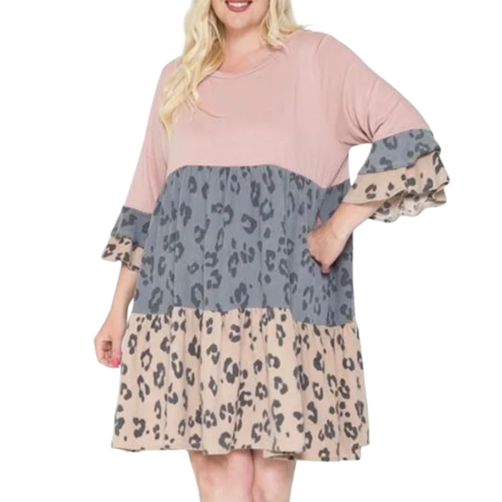 Story Teller Ruffle Bell Sleeve Mixed Leopard Print Pink Babydoll Mini Dress 3X